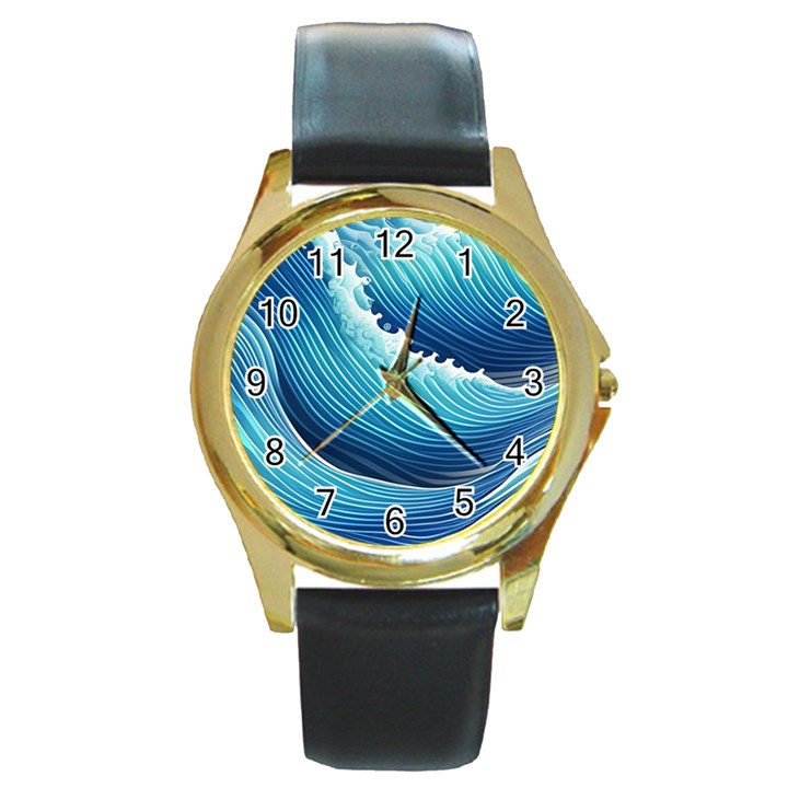 Simple Summer Wave Pattern Round Gold Metal Watch