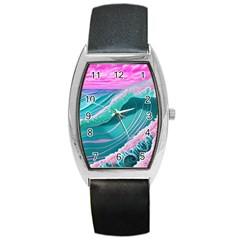 Pink Ocean Waves Barrel Style Metal Watch by GardenOfOphir