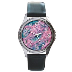 Ocean Waves In Pink Ii Round Metal Watch by GardenOfOphir