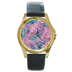 Ocean Waves In Pink Ii Round Gold Metal Watch by GardenOfOphir