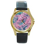 Ocean Waves In Pink Ii Round Gold Metal Watch Front