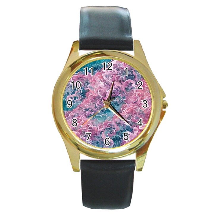 Ocean Waves In Pink Ii Round Gold Metal Watch