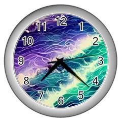 Pastel Hues Ocean Waves Wall Clock (silver) by GardenOfOphir