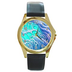 The Beauty Of Waves Round Gold Metal Watch by GardenOfOphir