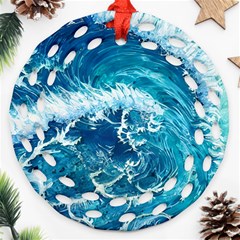 Abstract Blue Ocean Waves Iii Round Filigree Ornament (two Sides) by GardenOfOphir