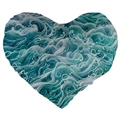 Nature Ocean Waves Large 19  Premium Flano Heart Shape Cushions by GardenOfOphir