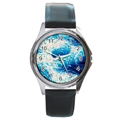 Abstract Blue Ocean Wave Ii Round Metal Watch by GardenOfOphir