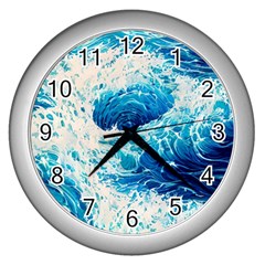 Abstract Blue Ocean Wave Ii Wall Clock (silver) by GardenOfOphir