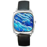 Blue Ocean Wave Watercolor Square Metal Watch Front