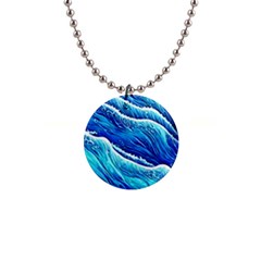 Blue Ocean Wave Watercolor 1  Button Necklace by GardenOfOphir