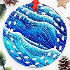 Blue Ocean Wave Watercolor Round Filigree Ornament (two Sides)