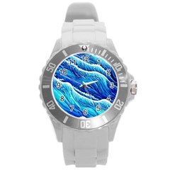 Blue Ocean Wave Watercolor Round Plastic Sport Watch (l) by GardenOfOphir