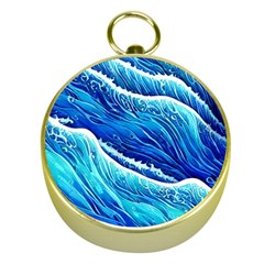 Blue Ocean Wave Watercolor Gold Compasses by GardenOfOphir