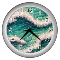 Blue Wave Pattern Wall Clock (silver) by GardenOfOphir