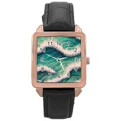 Blue Wave Pattern Rose Gold Leather Watch  by GardenOfOphir