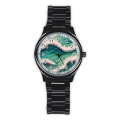 Blue Wave Pattern Stainless Steel Round Watch by GardenOfOphir