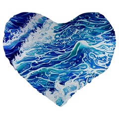 Abstract Blue Wave Large 19  Premium Flano Heart Shape Cushions by GardenOfOphir