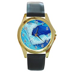 Waves Blue Ocean Round Gold Metal Watch by GardenOfOphir