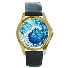 Beach Wave Round Gold Metal Watch by GardenOfOphir