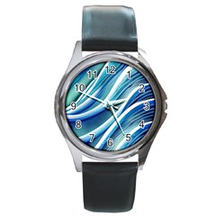 Blue Ocean Waves Round Metal Watch by GardenOfOphir