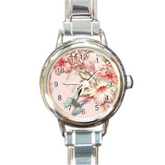 Glory Floral Exotic Butterfly Exquisite Fancy Pink Flowers Round Italian Charm Watch