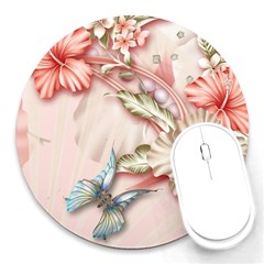 Glory Floral Exotic Butterfly Exquisite Fancy Pink Flowers Round Mousepad