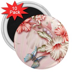 Glory Floral Exotic Butterfly Exquisite Fancy Pink Flowers 3  Magnets (10 Pack) 