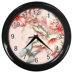 Glory Floral Exotic Butterfly Exquisite Fancy Pink Flowers Wall Clock (black) by Jancukart