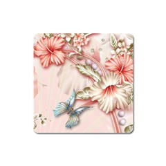 Glory Floral Exotic Butterfly Exquisite Fancy Pink Flowers Square Magnet by Jancukart