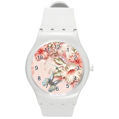 Glory Floral Exotic Butterfly Exquisite Fancy Pink Flowers Round Plastic Sport Watch (m) by Jancukart