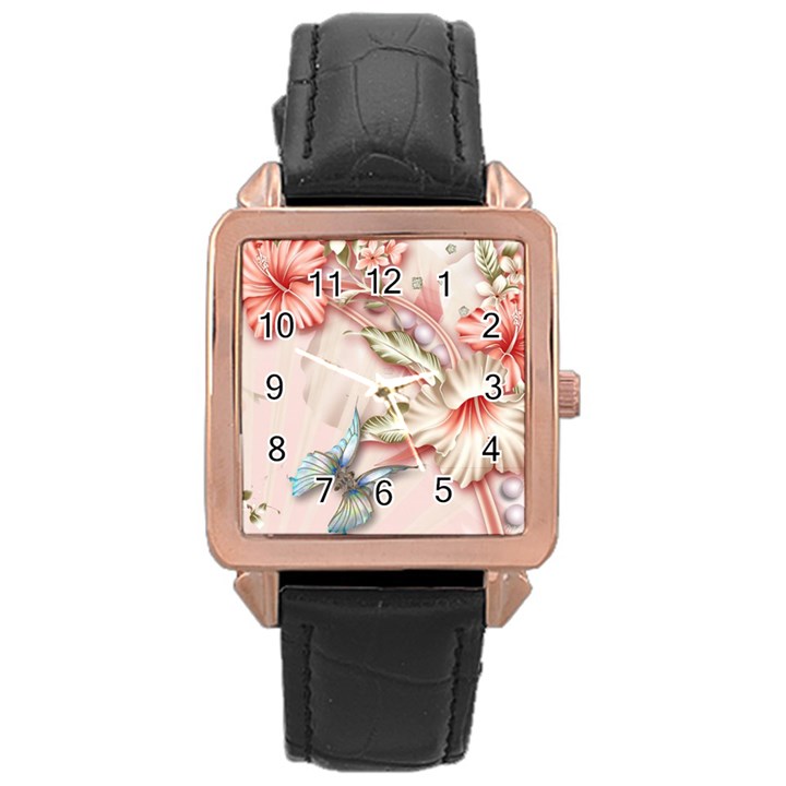 Glory Floral Exotic Butterfly Exquisite Fancy Pink Flowers Rose Gold Leather Watch 