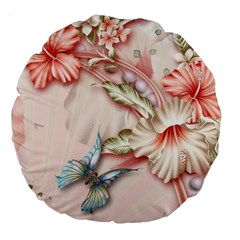 Glory Floral Exotic Butterfly Exquisite Fancy Pink Flowers Large 18  Premium Flano Round Cushions