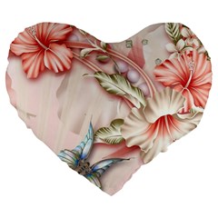 Glory Floral Exotic Butterfly Exquisite Fancy Pink Flowers Large 19  Premium Flano Heart Shape Cushions