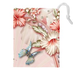 Glory Floral Exotic Butterfly Exquisite Fancy Pink Flowers Drawstring Pouch (5xl) by Jancukart