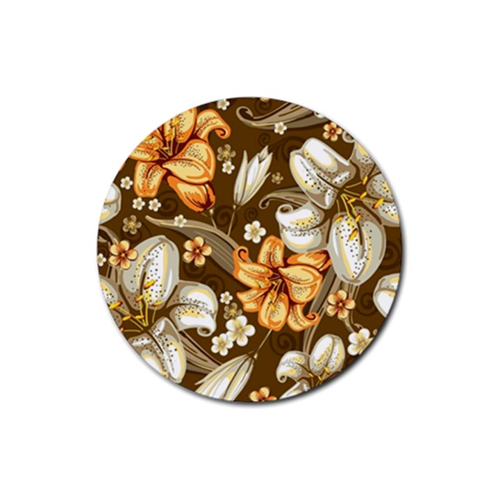 White And Yellow Floral Lilies Background Surface Rubber Round Coaster (4 pack)