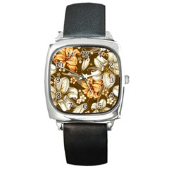 White And Yellow Floral Lilies Background Surface Square Metal Watch