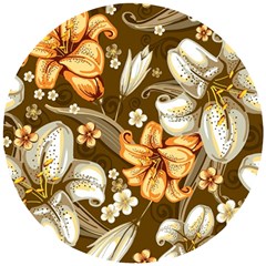 White And Yellow Floral Lilies Background Surface Wooden Puzzle Round