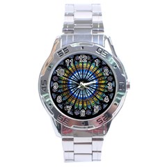 Mandala Floral Wallpaper Rose Window Strasbourg Cathedral France Stainless Steel Analogue Watch by Jancukart