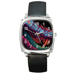 Floral Digital Art Tongue Out Square Metal Watch