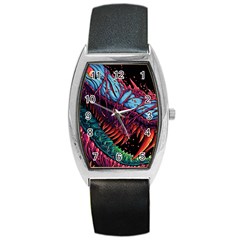 Floral Digital Art Tongue Out Barrel Style Metal Watch