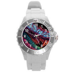 Floral Digital Art Tongue Out Round Plastic Sport Watch (l)