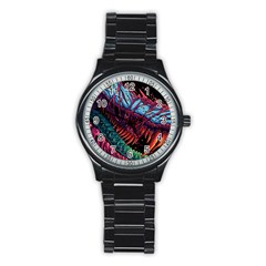 Floral Digital Art Tongue Out Stainless Steel Round Watch