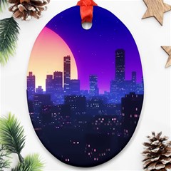 The Sun Night Music The City Background 80s 80 s Synth Ornament (oval)