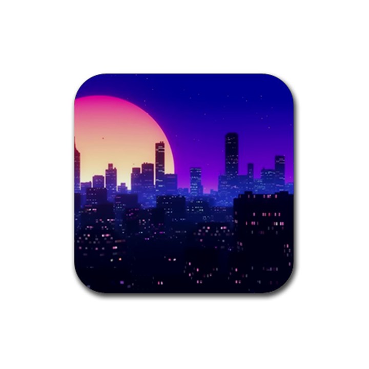 The Sun Night Music The City Background 80s 80 s Synth Rubber Coaster (Square)