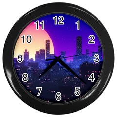 The Sun Night Music The City Background 80s 80 s Synth Wall Clock (black)