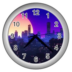 The Sun Night Music The City Background 80s 80 s Synth Wall Clock (silver)