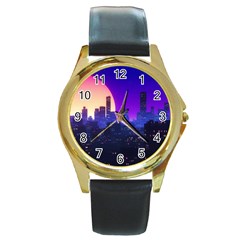 The Sun Night Music The City Background 80s 80 s Synth Round Gold Metal Watch by Jancukart