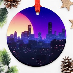 The Sun Night Music The City Background 80s 80 s Synth Round Ornament (two Sides)