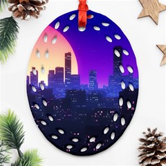 The Sun Night Music The City Background 80s 80 s Synth Oval Filigree Ornament (two Sides) by Jancukart