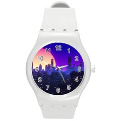 The Sun Night Music The City Background 80s 80 s Synth Round Plastic Sport Watch (m) by Jancukart